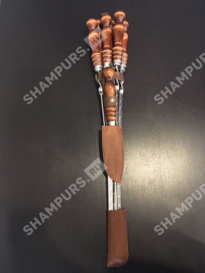 Набор шампуров с вилкой-ножом для снятия мяса в кожаном колчане