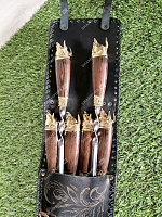 Комплект шампуров Бык в кожаном чехле с позолотой