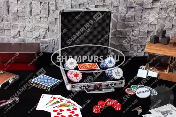 Набор покера Empire на 100 фишек с номиналом, в стальном кейсе с пластиковыми картами