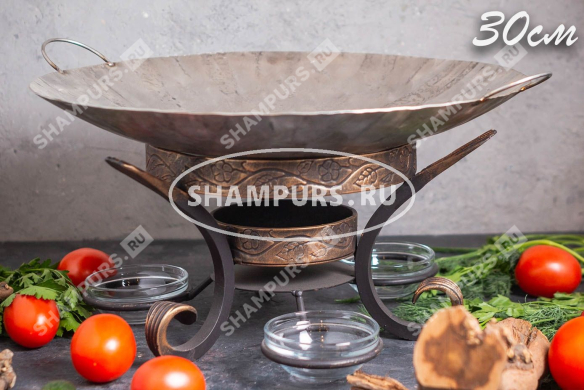 Сковорода Садж из нержавеющей стали 30 см на подставке с емкостями для соуса