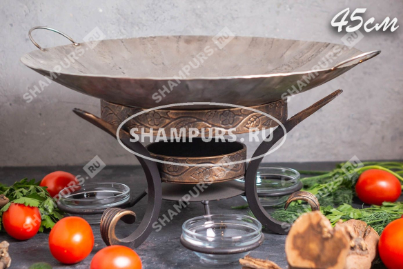 Сковорода Садж из нержавеющей стали 45 см на подставке с емкостями для соуса