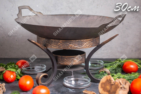 Сковорода Садж из стали 30 см на подставке с емкостями для соуса